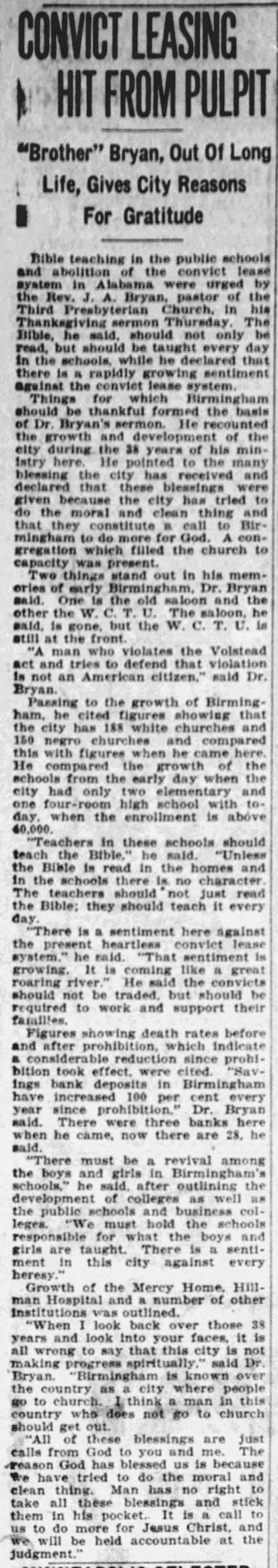 Convict Leasing Hit From Pulpit